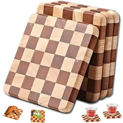 Wood Square Coasters for Drinks with Checkerboard Pattern,Wooden Checkered Drink Coasters Set of 4 for Home,Kitchen Table Cute Cofee Tea Beer Bar Coasters Decor,Rustic Outdoor Charcuterie Board,4in