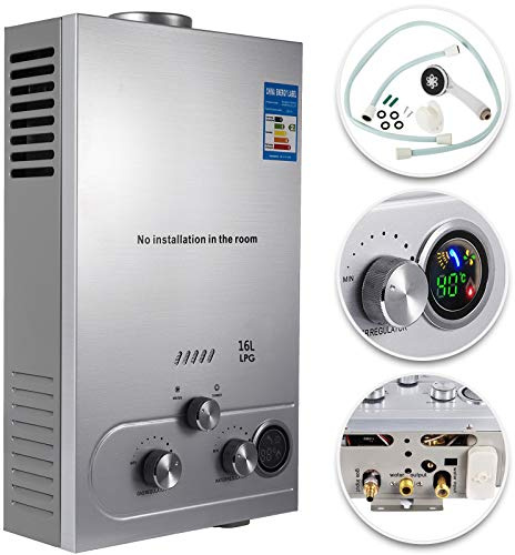 16L Calentador de Agua a Gas LPG Calentador de Agua a Gas Butano 32KW Calentador de Agua de Gas Licuado de Petróleo sin Tanque,para Baño/Cocina/Autocaravana/Camping/Al Aire Libre etc. (16L)