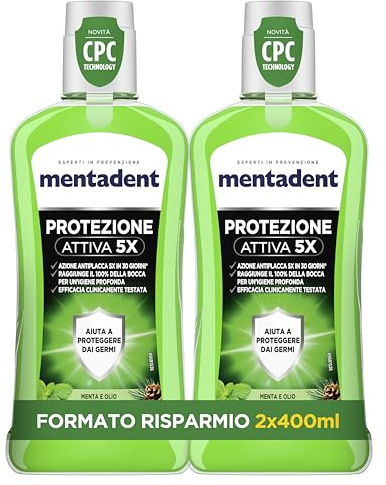 Mentadent Collutorio CPC, Azione Antibatterica, con CPC e Tecnologia di Protezione Attiva 5X, Igiene Profonda, Gusto Menta e Olio Essenziale di Pino 100% Naturale, Formato 2 x 400 ml