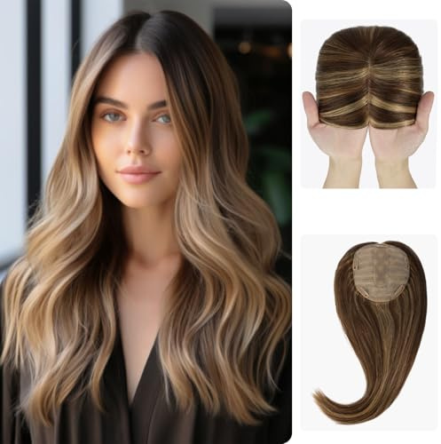 Zakya Echthaar Topper Damen - 15,2X16,5CM Basis Haartopper für Frauen - Toupet Damen 130% Dichte - 16 Inch Haarlänge - 4P27#