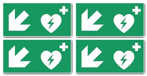 Aufkleber: 150x300 mm, 4 Stück - Automatisierter Externer Defibrillator (AED) - Kombination mit Pfeil links abwärts - Rettungszeichen - E010 - grün/weiß - DIN EN ISO 7010 / ASR A1.3