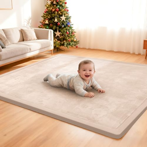 ACOMOPACK Baby Play Mat, 3.5CM Thick Memory Foam Crawling Mat, Coral Velvet Activity Rug for Tummy Time, Non-Slip Nursery Floor Mat for Toddlers, Infants, Kids (100×150cm,Beige)