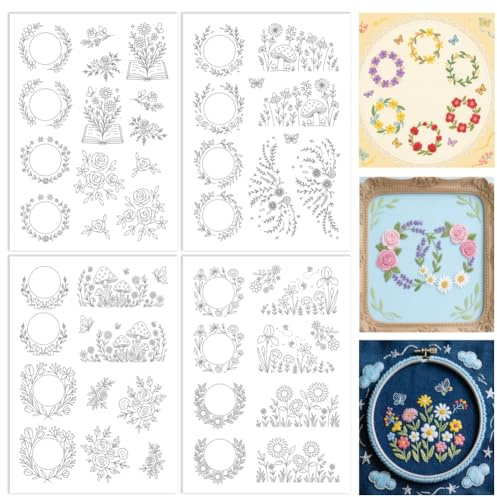 ORIGACH 4 Blatt Blumenkranz Und Buschmuster Stickvorlagen Wasserlöslich | Selbstklebend Wasserlöslich Stickvlies, Wasserlöslicher Stabilisator für Handstickerei, DIY Projekte, Stichübungen