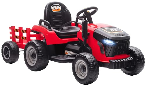 AIYAPLAY Tractor Eléctrico para Niños con Remolque Desmontable, Tractor de Juguete de Batería 12V, Velocidad 3-5 km/h, Control Remoto 2,4G, Música, Bocina, para Niños de 3-8 Años, Rojo