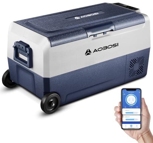 AAOBOSI 36l Nevera Portatil con Ruedas, Nevera Compresor Doble Zona con APP y Puerto USB, Nevera Camping 20 °C a -20 °C, 12/24V DC,100-240V AC, para Hogar, Camping, Viajes, Coche, Barco y Autocaravana