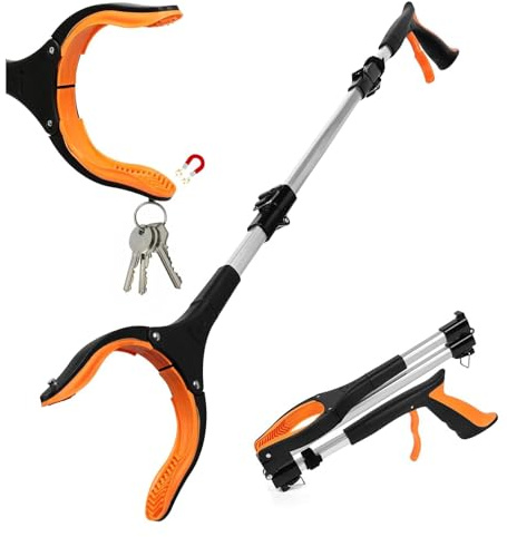 110cm Greifzange für Senioren, Folding Greifer mit Magnet-Greifarm, Rutschfest Gummi Greifer, 360° Drehbar Müllzange Greifzange, Langer Müllgreifer, Greifhilfe für Menschen mit Behinderung (Orange)