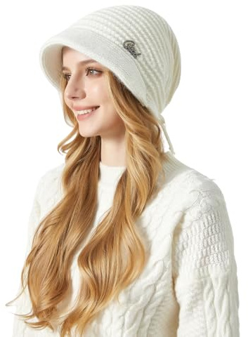 AYPOW Femme Laine Bonnet d'hiver Chaud avec Bord, Thermique Coupe-Vent Doublé en Polaire Tricoté Protection des Oreilles Chapeau de Visière Béret Casquette, Beanie Caps pour l'extérieur Quotidien