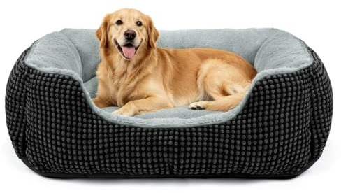 FURTIME Hundsäng Stora Hundar, Hundbädd Tvättbar, 89x63x23cm | Hundsäng Anti-Angst & Stödjande, Fluffig Hundbädd Halkfri & Tvättbar, Mjuk PV-Plysch Luftgenomsläpplig Gofrad Manchester