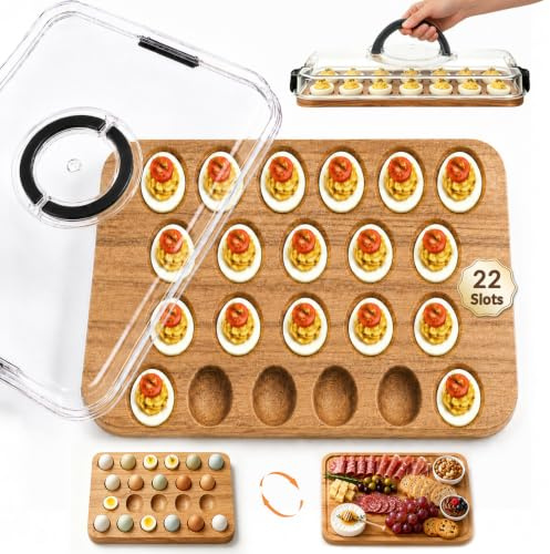 Midingchai Plato para Huevos Rellenos de 22 Alvéolos con Tapa y Asa | Madera de Acacia, Libre de BPA, Tabla de Embutidos Reversible, Cierres de Seguridad, Fiestas, Comidas Compartidas, Cocina