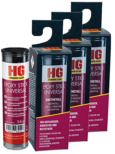 HG POWER GLUE Epoxy Stick - 2 Komponenten Kleber Knete - 2k Metallkleber extra stark, hochfest, wasserfest, chemikalienbeständig - Epoxidharz Kleber für Metall, Gusseisen, Edelstahl, Aluminium (3x56g)
