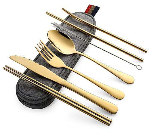 DEVICO Travel Cutlery Set, Stainless Steel Camping Cutlery Set for 1 | 8-Piece Picnic Cutlery with Case, Portable Chopsticks Knife Fork Spoon Set for Work/School/Lunch Box, 2*Straws/Brush, Gold