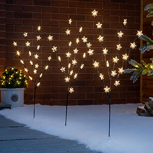CHRISTOW Star Branch Path Lights, Outdoor Christmas Stake Pathway Decorations, Warm White LED, Battery Operated with Timer (Set of 3 x 84cm)