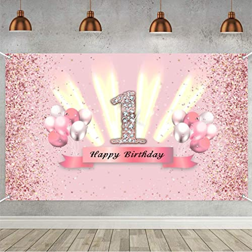 1. Geburtstag Banner 1 Geburtstag Deko Mädchen, Stoff Schild Poster 1. Jahrestag Party Geburtstagsbanner Tischschmuck Plakat, Glitzern Rosa Party Dekoration
