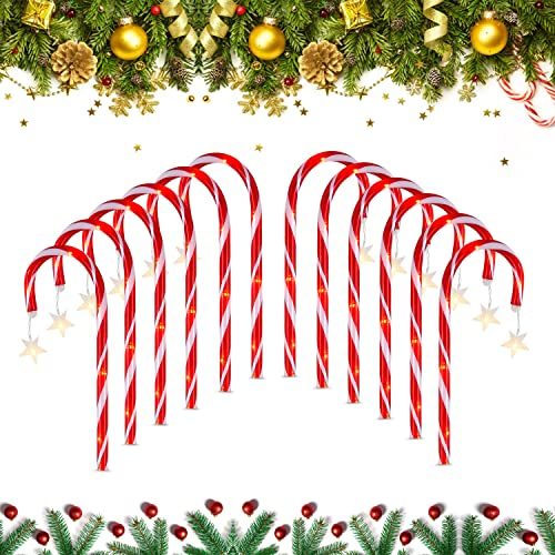 12 Stück Stern Zuckerstangen Lichterketten, Festive LED Lichterketten Weihnachtsweg Marker Weihnachtsbeleuchtung Außen Gartenstäbe Zuckerstange Solar Lichterkette für Garten Dekoration Weihnachtsdeko