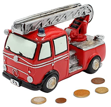 Dekohelden24 Spardose als Feuerwehr aus Poly - Sparauto - Sparbüchse in rot mit Gummiverschluss, Größe L/B/H: ca. 15 x 7 x 10 cm