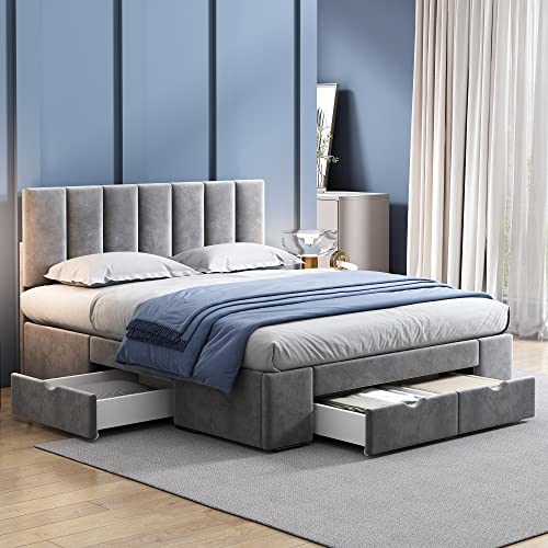 Merax Samt-Stoff Polsterbett 140 x 200 cm, Stauraumbett mit 4 Schubkästen, Doppelbett mit Lattenrost & Rückenlehne, für Erwachsene & Jugendliche, Einfacher Stil, Grau