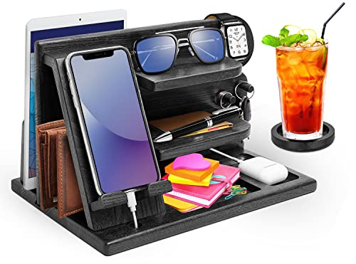 AliveByte Männer Holz Telefon Dockingstation Geburtstag Männer Papa Geschenk Vatertag Nachttisch Organizer Jahrestag Weihnachten Geschenke für Ehemann Vater