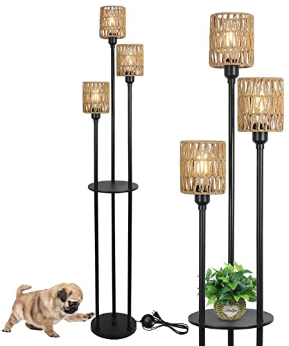 Stepeak Boho Floor Lamp with Shelves, 3-Lights Farmhouse Tall Floor Lamp with ON/Off Foot Switch, Rustic Standing Lamp with Rattan Shades for Living Room Bedroom Office
