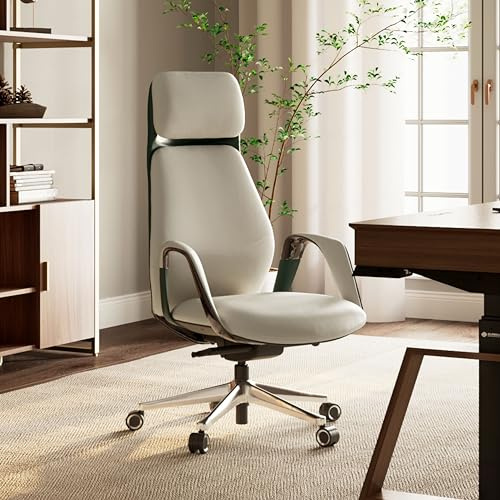 EUREKA ERGONOMIC Bürostuhl Chefsessel Leder, Einfacher, Moderner Arbeitszimmer-Computerstuhl, Business Lift Drehstuhl, Atmungsaktiver und Bequemer Sessel, Boss-Stuhl, Nappaleder, Cremefarben
