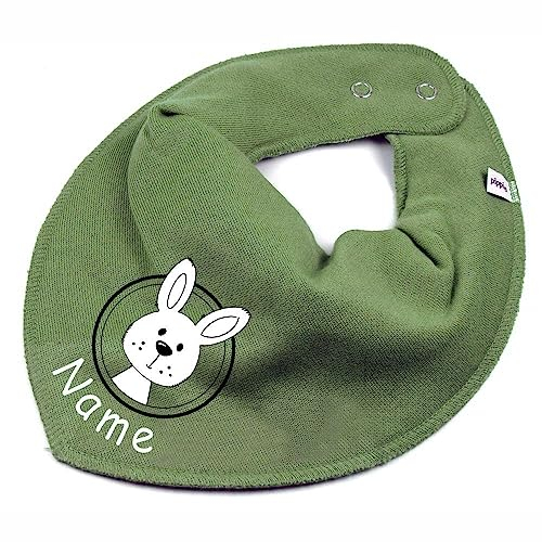 HALSTUCH mit Namen oder Text personalisiert für Baby oder Kind aus Baumwolle in Einheitsgröße Hase khaki