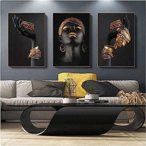 Leinwandbild Afrikanische Fraue Schwarz Gold Bilder Schwarze Hände mit Gold Lippen Leinwand Afrika Frau Kunst Poster Kein Rahmen x3 (Schwarz Gold,60x120cm)