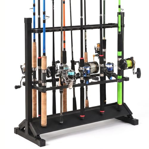 24-Rod Aluminum Alloy Rolling Fishing Pole Holder, Rustproof Fishing Rod Rack with 360° Lockable Wheels, Multi-Functional Storage Organizer for Garage & Home, Fits Most Rods & Golf Clubs (Black)
