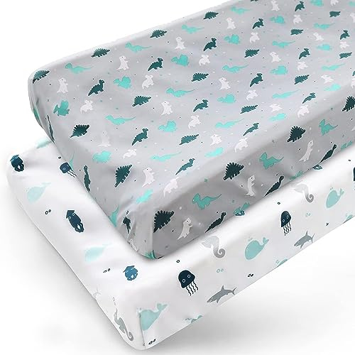 Changing Pad Covers for Boys & Girls 2 Pack, Comfy & Breathable Changing Table Cover 40x81cm, Changing Table Pads, Diaper Changing Pad Cover, Dinosaurs & Oceans