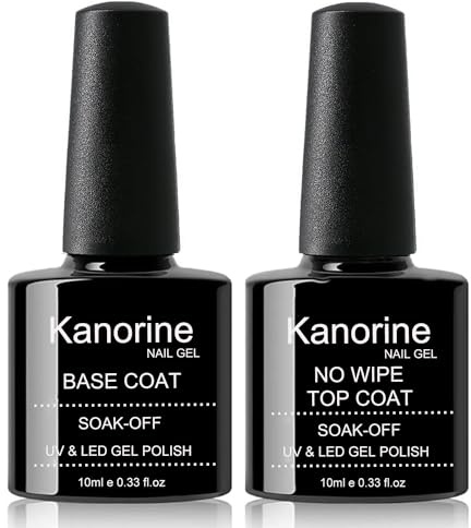Kanorine Base Coat and Top Coat Gel Nail Polish Set 10ml x2, UV LED No Wipe Gloss Shine Long Lasting UV LED Soak Off Gel Polish Top Coat Base Coat, Nail Varnish Lacquer Manicure Salon Set