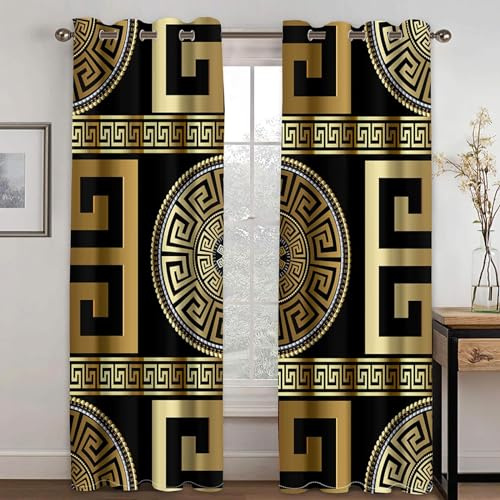griechische Geometrie Vorhang Wärmeisolierend 2Er Set, schwarzes Gold Blickdichte Gardinen, Thermo Vorhänge Für Schlafzimmer Wohnzimmer Kinderzimmer Küche Fensterdekoration 2 x 117.5B x 230H cm