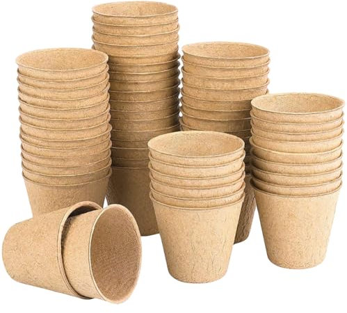 JIHUOO Biologisch abbaubare Pflanztöpfe, Samen-Startertöpfe, Kindergartentöpfe, Torf-Setzling-Töpfe, umweltfreundliche Pflanztöpfe für Gemüse, Obst, Blumen, 8 cm, 50 Stück