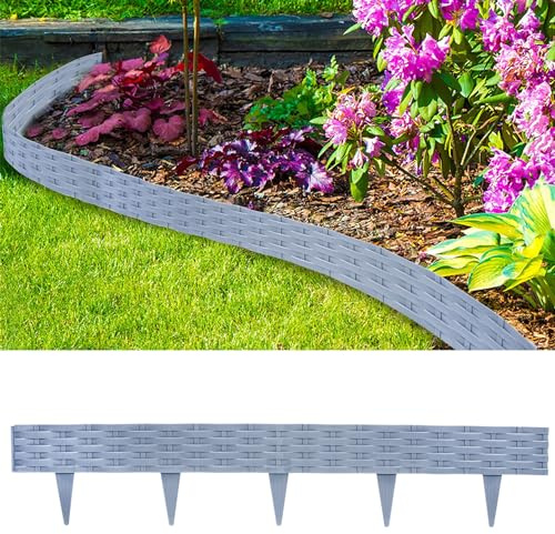 Aufun Bordure de jardin en plastique de 5 m en aspect rotin avec 5 éléments de 100 cm, design flexible pour délimitation de parterre de fleurs, courbe pour coupe de gazon, bordure de plate-bande pour