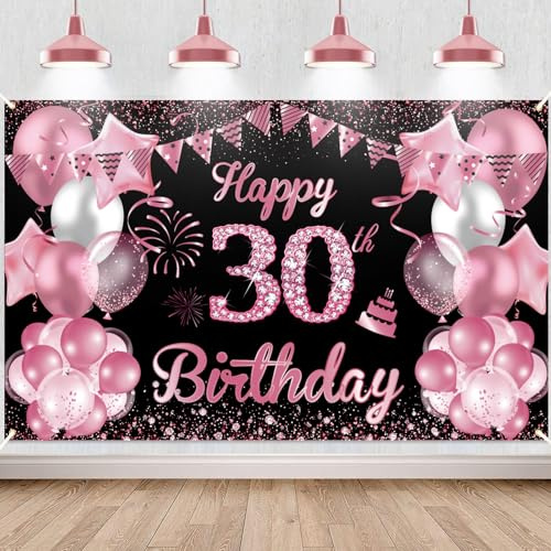 30.Geburtstag Banner Rosérot Schwarz, Waylipun 30 Geburtstag Party Hintergrund Deko, Großes Stoff 30 Jahr Geburtstagsdeko Poster für 30. Mädchen Tisch Wand Dekoration Zubehör, 180 x 110 cm