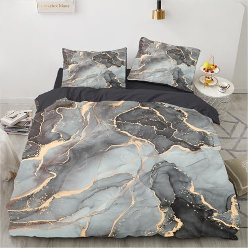 Gezu Set di biancheria da letto in marmo, 220 x 240 cm, 3 pezzi, grigio, bianco, oro, marmo 3D, in microfibra, con motivo metallico, biancheria da letto double-face e federe 80 x 80 cm