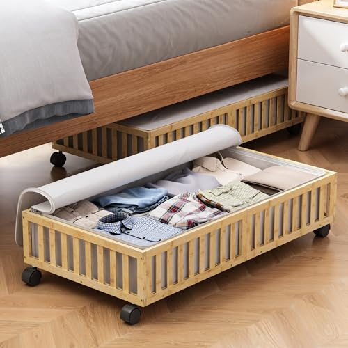 Bamboo Under Bed Storage Containers with Wheels, 2 Pack Large Under the Bed Shoe Storage Bins, Wood Rolling Underbed Drawers Organizer for Bedroom Closet Clothes Blanket Under Crib Toy Nature