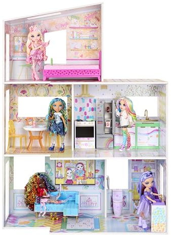 Rainbow High Color & Play 3-Story Doll House - Wände und Böden zum Gestalten mit Abwaschbaren Filzstiften, Holzspielset mit Spielzeugmöbeln und Zubehör, Lustiges Geschenk für Kinder ab 4