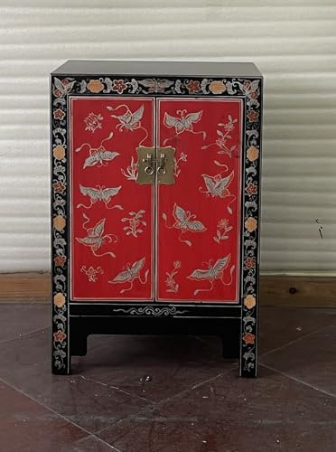 Kunibert Antike chinesische Kommode Tibet Anrichte Asia Sideboard Chinakommode mit 2 Türen und 2 Regalablageflächen Breite57xHöhe85cm Farbe: schwarz mit Silber