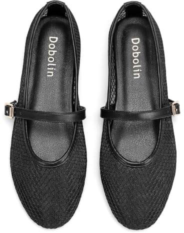 DOBOLIN Ballerine in rete per le donne punta rotonda Mary Jane scarpe sexy a rete alla moda eleganti ballerine 2025, nero, 38.5 EU