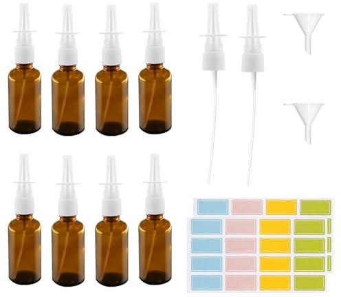 TOKSEO Botella vacía de aerosol nasal, 8 unidades, 20 ml, de cristal, color marrón, reutilizable con boquilla de repuesto, etiquetas, embudo, para perfume, aceites esenciales, solución salina