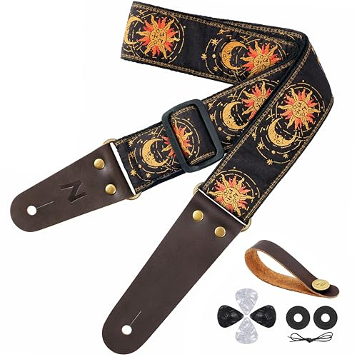 Nefelibata Gitarrengurt, Sonne & Mond Stickerei Gitarrengurte mit Kopf Rindsleder Enden für Bass, elektrische & akustische Gitarren, kostenlose Gurtknopf, 1 Paar Gurtschlösser und 4 Gitarrenplektren
