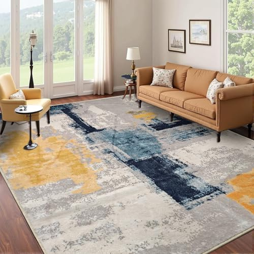 Tapis Design Alfombras para sala de estar, alfombras abstractas lavables, antideslizantes, de pelo bajo, decoración moderna para el hogar, dormitorio, oficina, beige mostaza, azul marino, 140 x 200 cm
