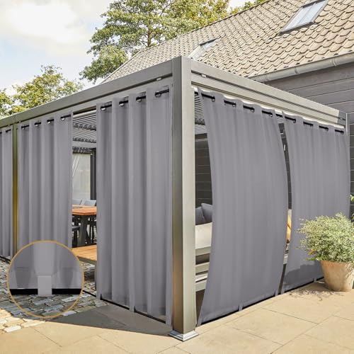 Teruntrue 2 Stücke Outdoor Vorhang Wetterfest mit Ösen, Outdoorvorhänge Balkon Vorhang Terrasse Vorhänge Outdoor Gardinen Sonnenschutz & Sichtschutz Vorhänge mit Schlaufen Unten, H213 x B254 cm, Grau