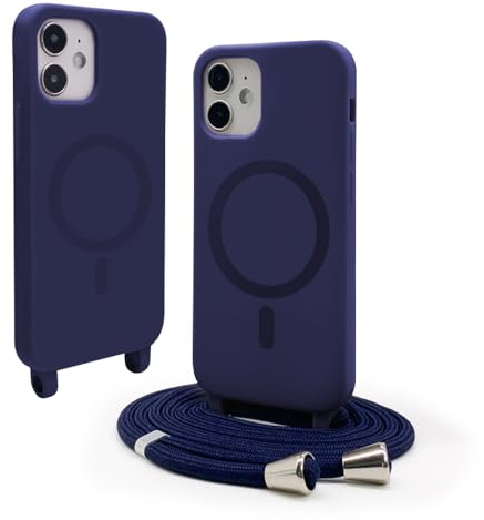 VAVAVOOMY Handykette Hülle für iPhone 12 Mini(5.4) mit Band Halsband Lanyard (abnehmbar) Handyhülle, Verstellbarer Lanyard.Magnetisch Stoßfest Silikonhülle Wireless Charging kompatibel .-Blau