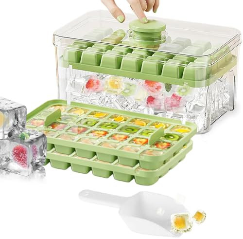 Stampo Ghiaccio con Coperchio e Contenitore, 56 Pezzi Vassoio per Cubetti di Ghiaccio, Vassoio per Cubetti di Ghiaccio Senza BPA a Doppio Strato, Rilascia Tutti i Cubetti Ghiaccio in un Secondo(Verde)