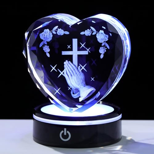 Arikyrist Crystal 3D Praying Hands Figurines Christian Gifts for Women Men | Crystal Heart Engrave 3D Praying Hands Keepsake with LED Base Glass Religious Gifts Idea for Room Collectible Ornaments