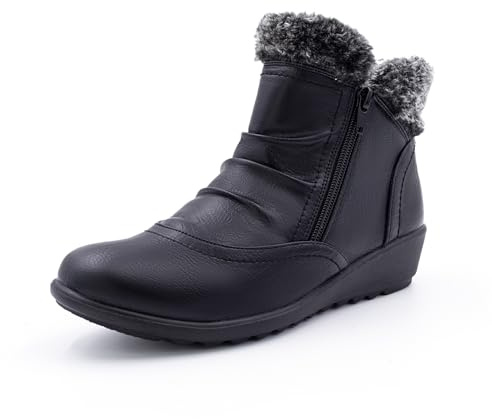 Cushion Walk EEE Extra-Wide Fit Faux Leather & Faux Fur Trimmed Double Zip Ruched Ankle Boots (8 UK, Black)