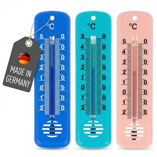 Lantelme Juego de 3 termómetros de habitación, 14 cm x 3,4 cm, plástico en azul, verde, rosa, rango de medición de temperatura de -25 °C a 50 °C, termómetro analógico para exterior, interior, jardín