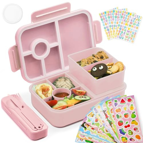 Bugucat Kids Lunch Box with Compartments 1300ml, Leakproof Bento Box with Cutlery, Stickers, Food Container Snack Box for School, Picnic, Breakfast Or Kids and Adults,Pink
