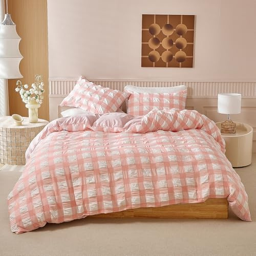 YASMENG Seersucker Ropa de cama de 135 x 200 cm, diseño a cuadros, color rosa y blanco, de microfibra, suave, transpirable, juego de 2 piezas con cremallera y funda de almohada de 80 x 80 cm