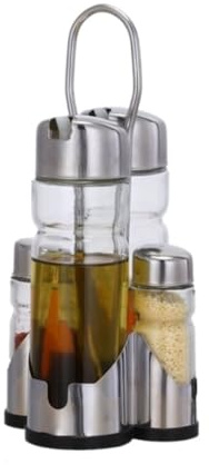 OUYUE Bouteille Huile Vinaigre Kit Distributeur D'huile Et De Vinaigre avec Support en Acier Inoxydable, Bouteille Distributrice en Verre Transparent Distributeur Huile Cuisine