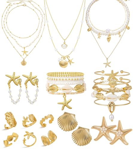 Vieyomn 32 Pcs Starfish Seashell Jewelry Set for Women Layer Necklace Bracelets Stackable Shell Starfish Rings Stud Earrings Pearl Beach Vacation Accessories